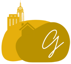Gold city skyline logo with stylized buildings and cursive &ldquo;g&rdquo; on overlapping gold circles