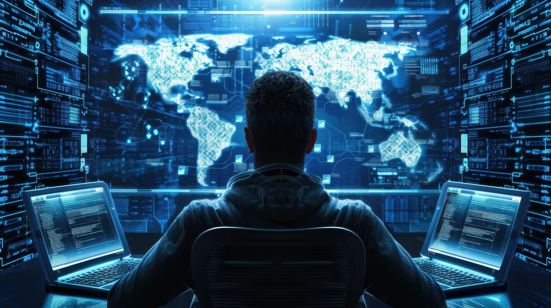 A man is sitting in front of a computer screen with a map of the world on it.