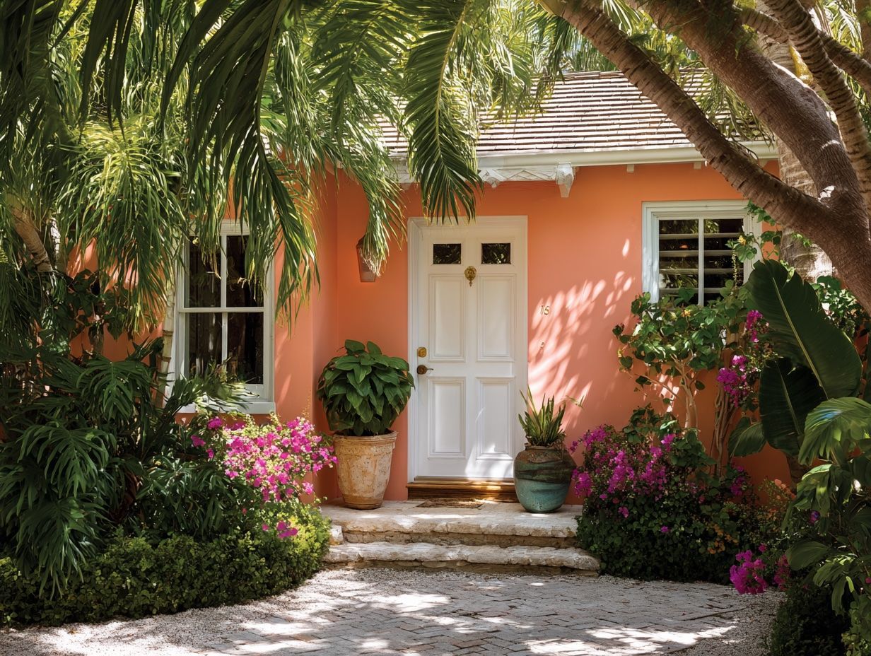 Coral-colored cottage with white door, windows, and tiled roof.