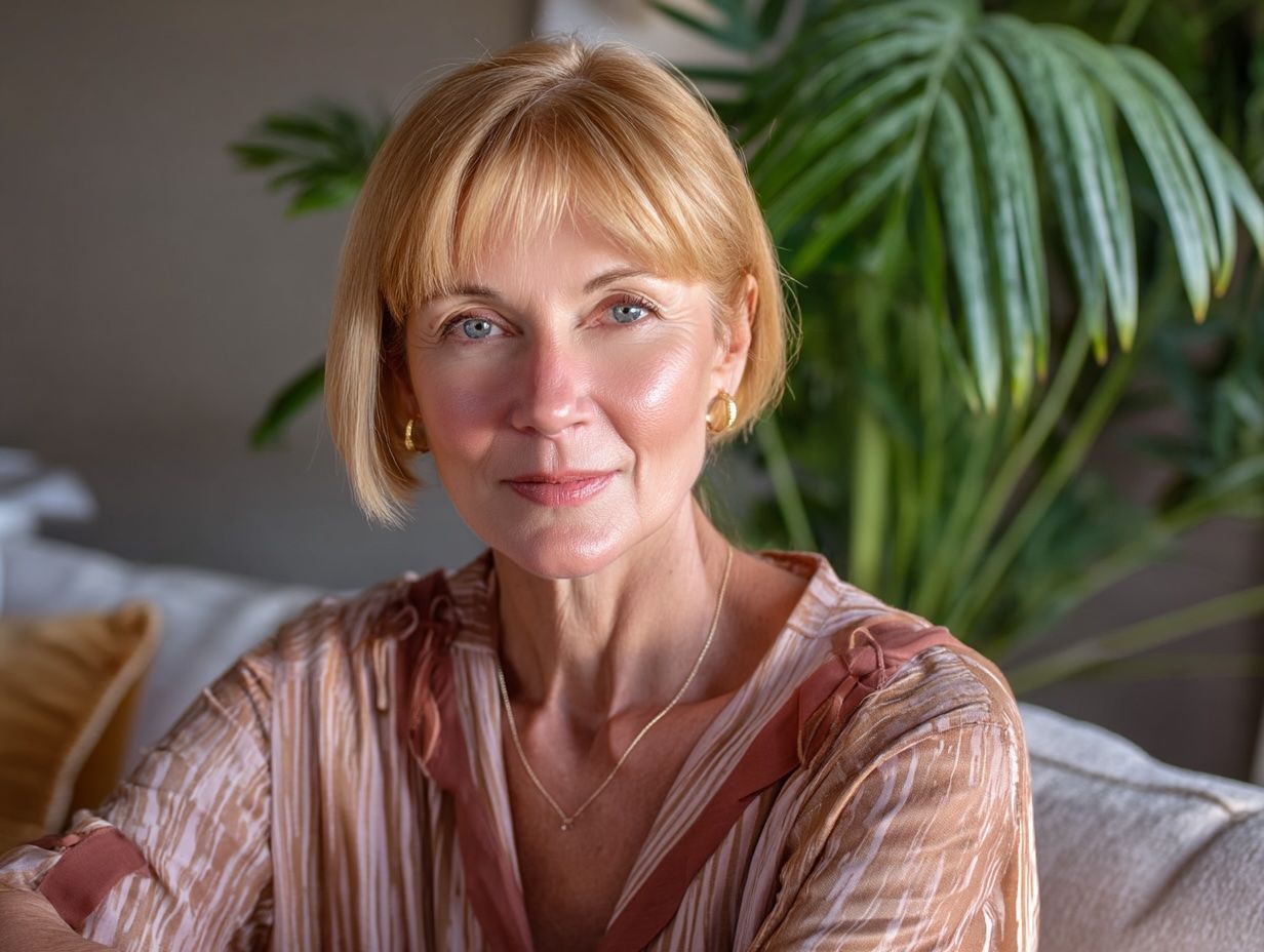 A woman with short blonde hair and a gentle smile sits indoors, with a plant in the background.