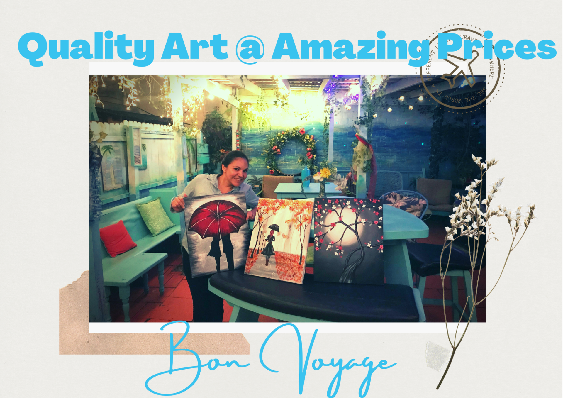 A woman is sitting on a bench holding a painting.