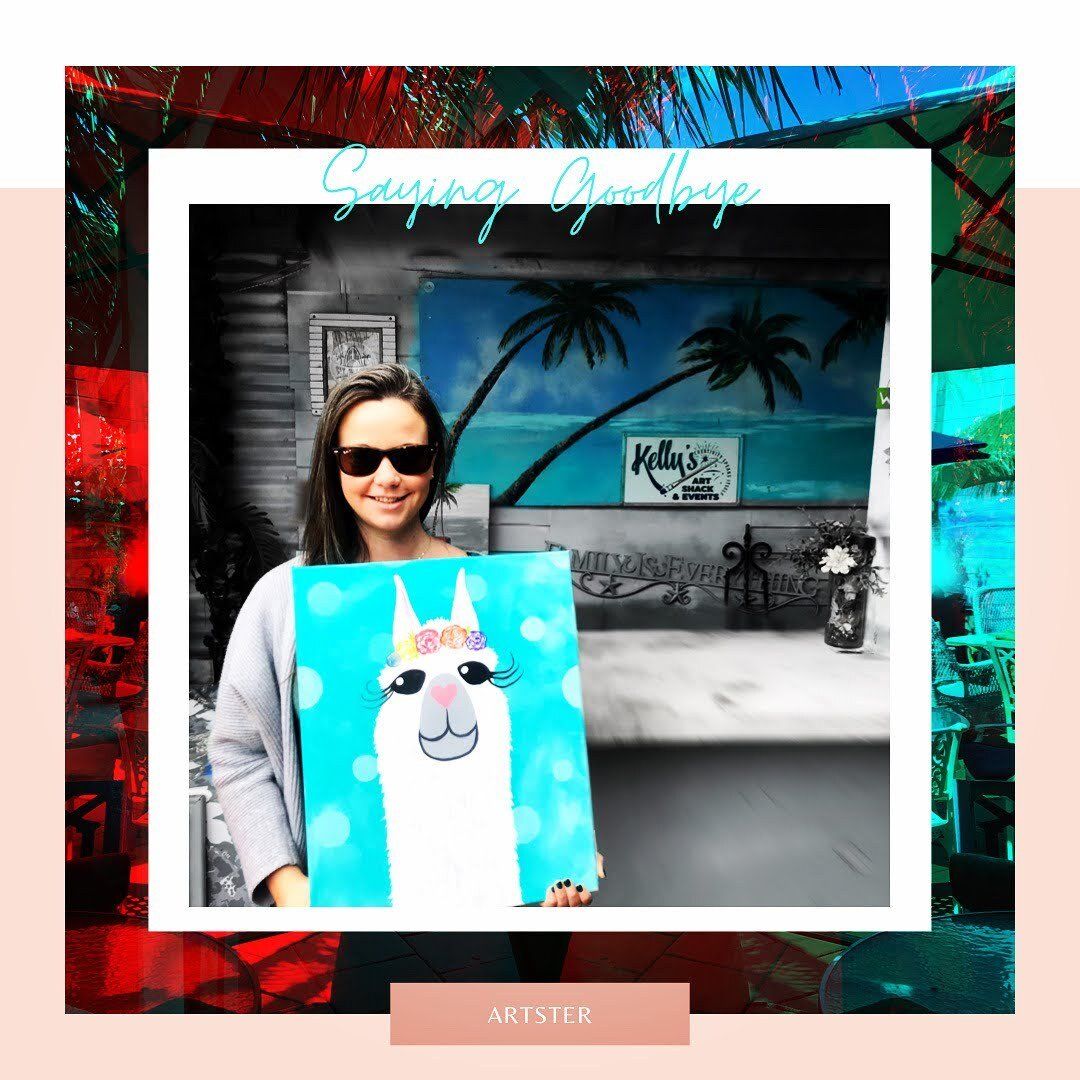 A woman is holding a painting of a llama on a canvas.