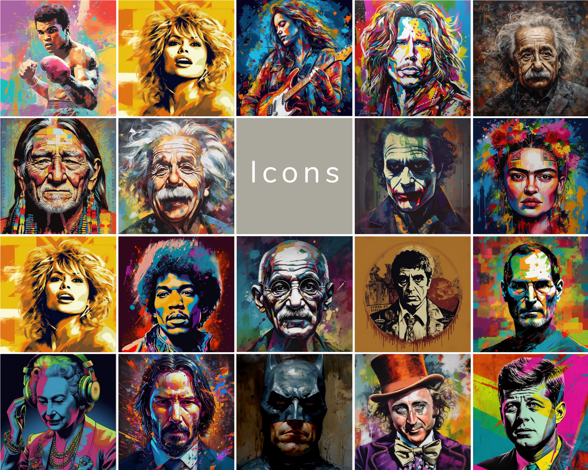 A collage of colorful portraits of famous people