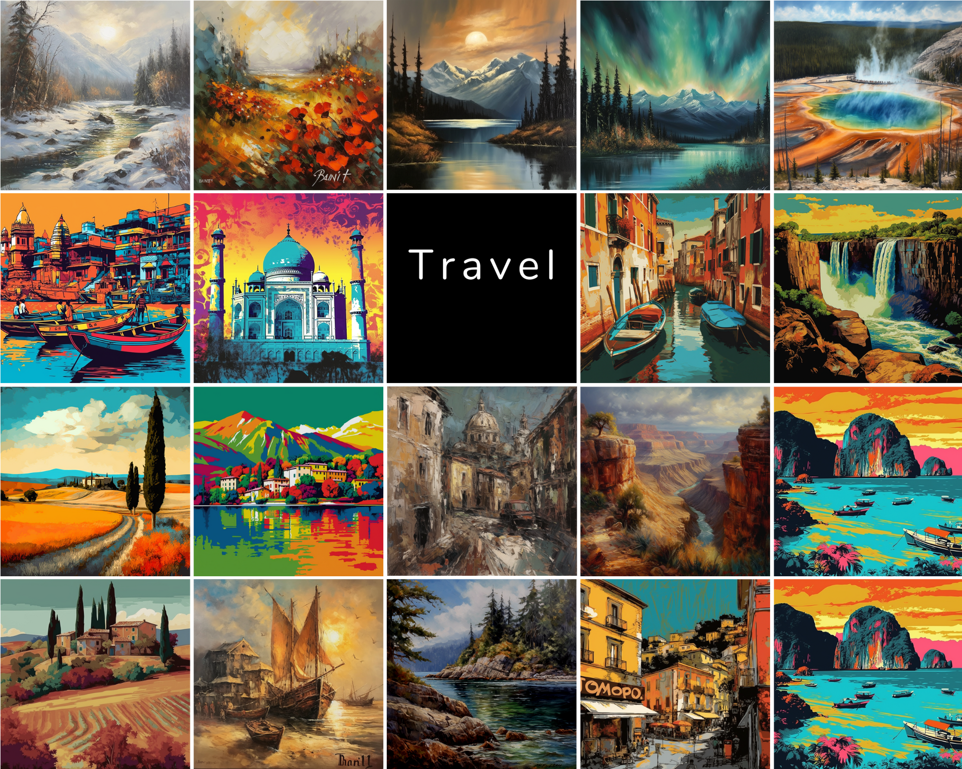 A collage of paintings with the word travel in the middle