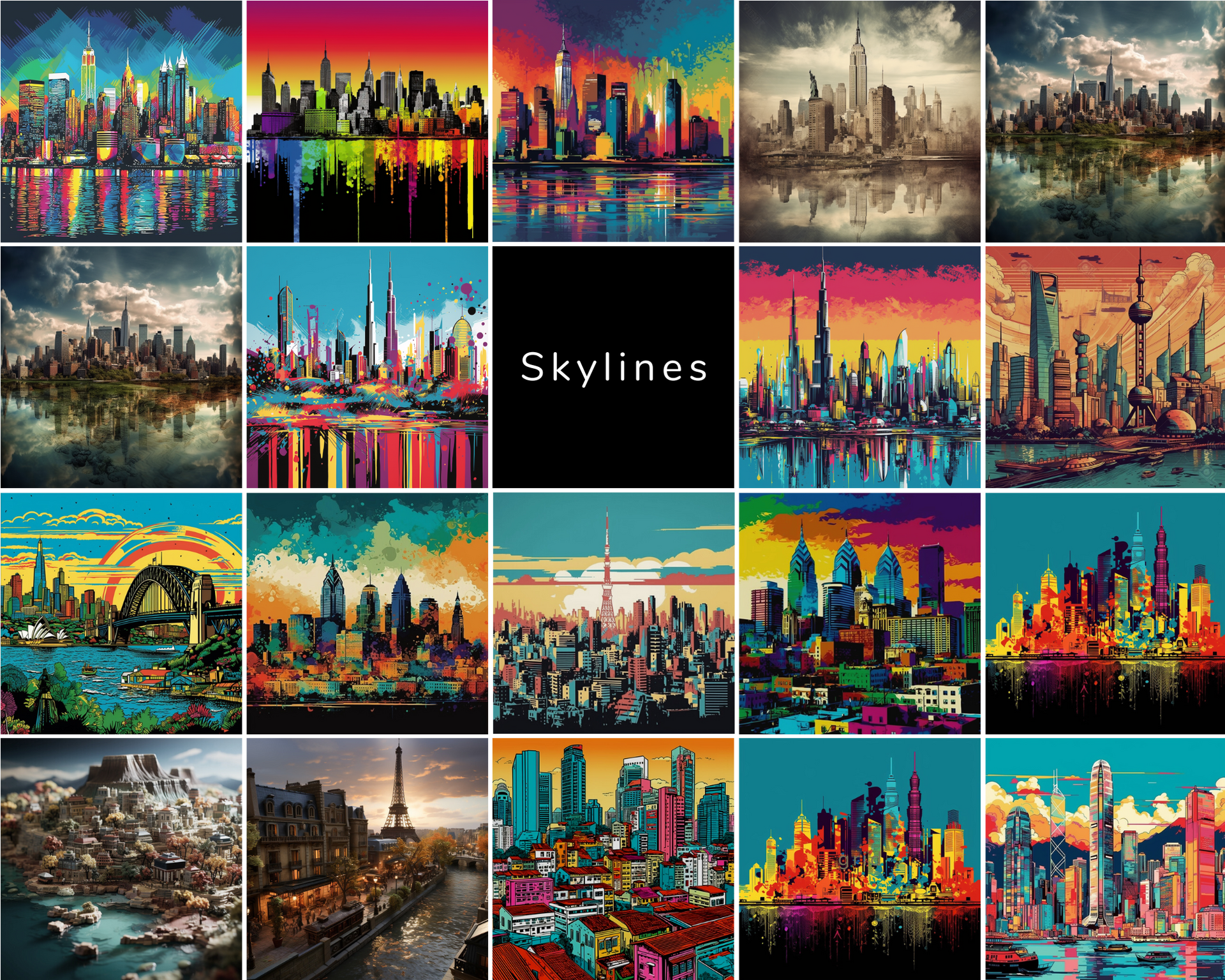 A collage of paintings of a city skyline with the words skylines on the bottom