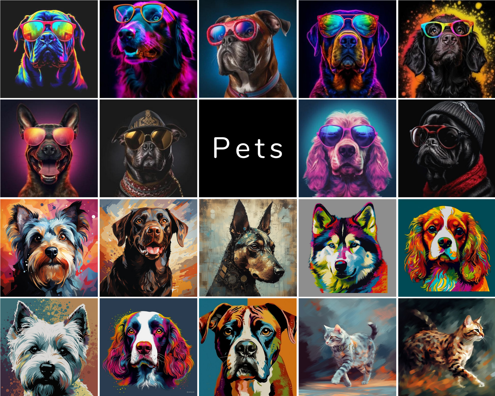 There are many different types of dogs and cats in this collage.