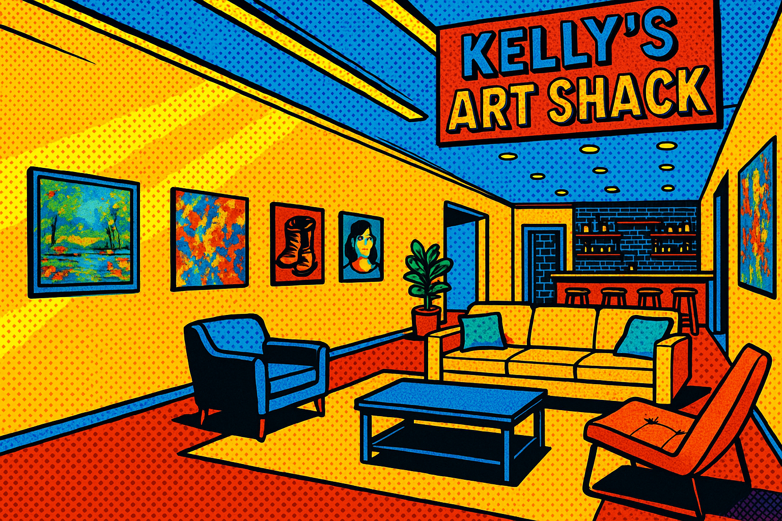 Pop art style interior of Kelly's Art Shack with art on walls, seating area and bar in background.