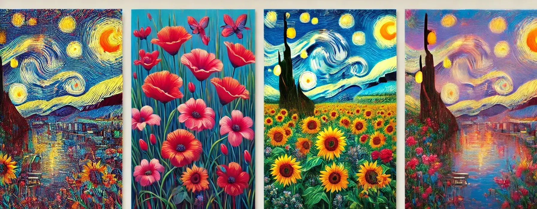 A collage of four paintings of flowers and a starry night sky.