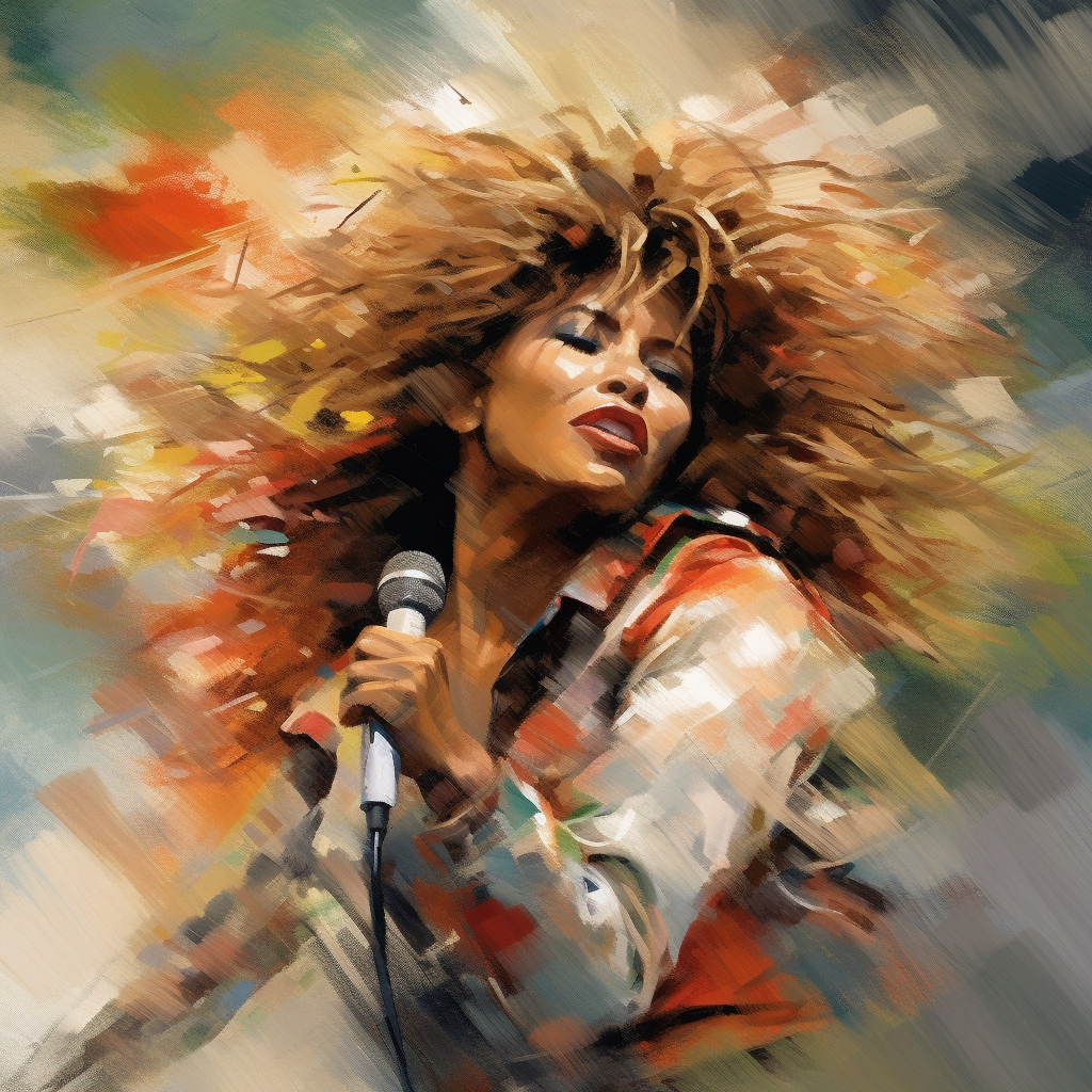 A painting of a woman singing into a microphone