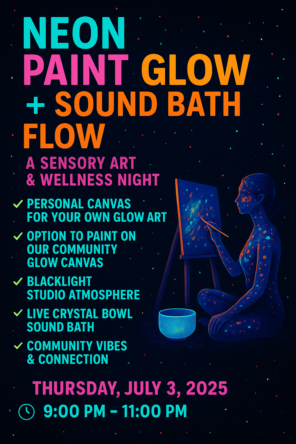 A poster for a neon paint glow and sound bath