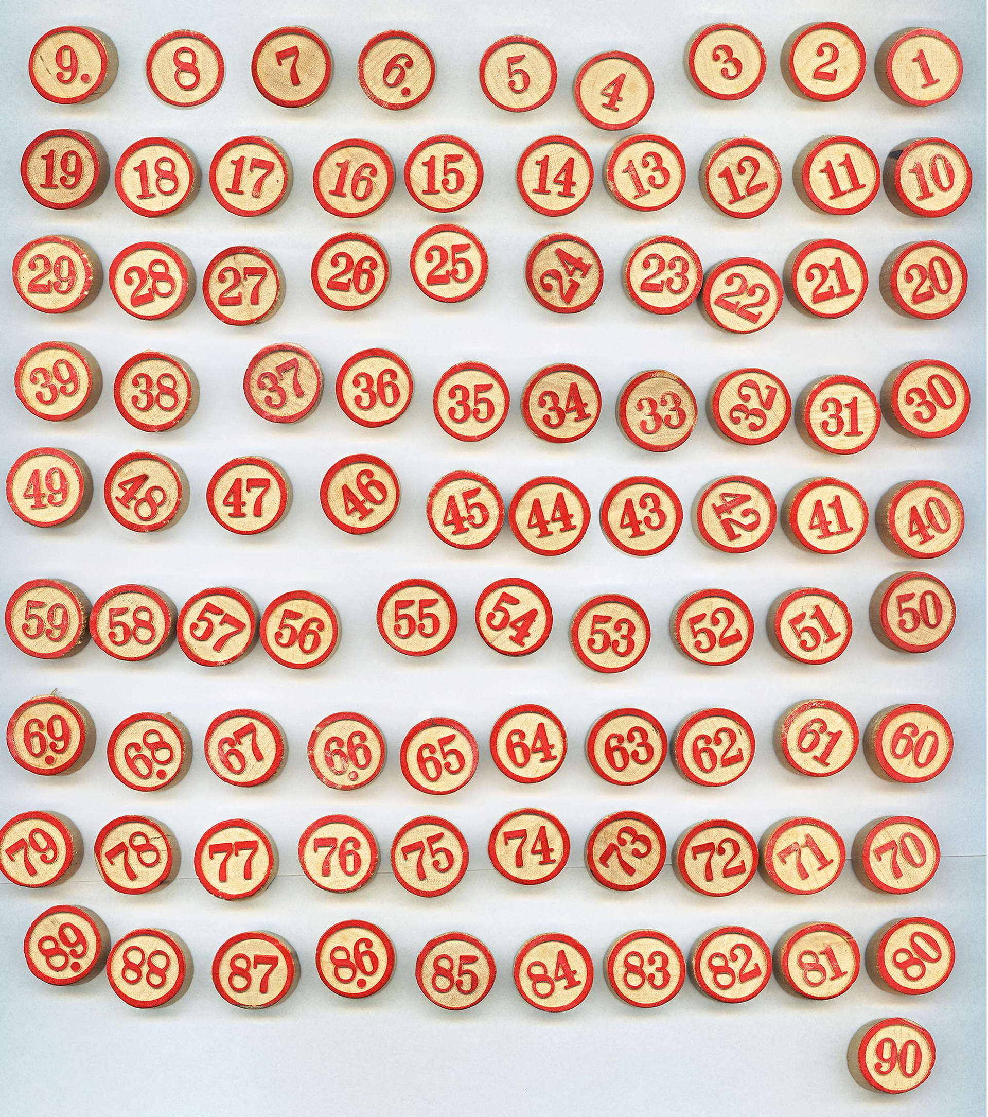 A bunch of red circles with numbers on them