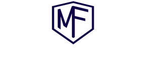 Blue and white logo with a shield containing the letters "MF".