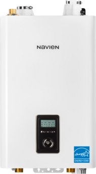 A white Navien tankless water heater with a digital display panel and Energy Star logo against a plain background.