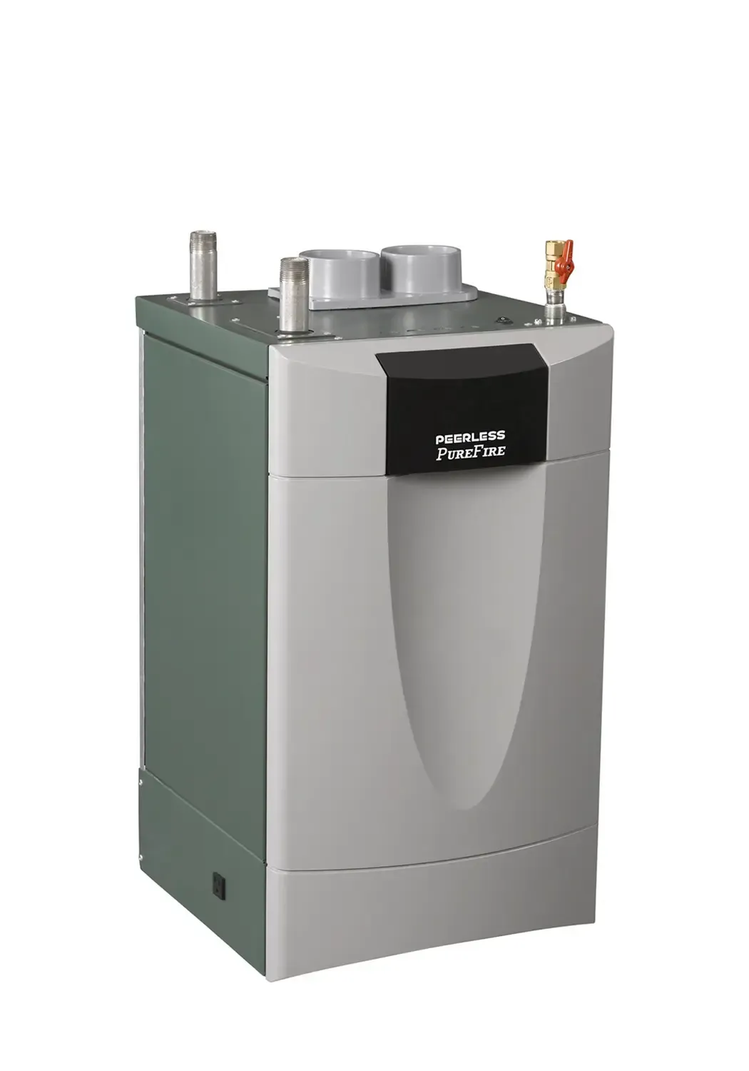 A gray and green high-efficiency condensing boiler for residential heating systems, shown against a white background.