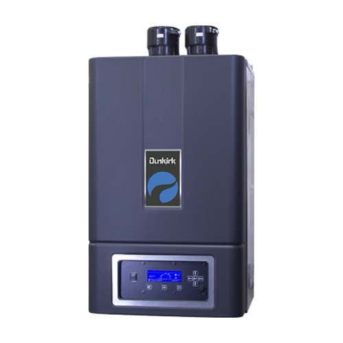 A dark grey Dunkirk wall-mounted boiler with a prominent blue logo and a digital control panel display.