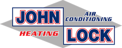 Logo for John Lock Heating and Air Conditioning featuring red and blue text on a grey diamond background.