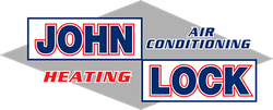 Logo for John Lock Heating and Air Conditioning featuring red and blue text on a grey diamond background.