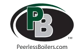 Logo for Peerless Boilers with a green P and grey B on a black oval background above the website text PeerlessBoilers.com.