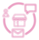 pink icon of a house and communication methods around it