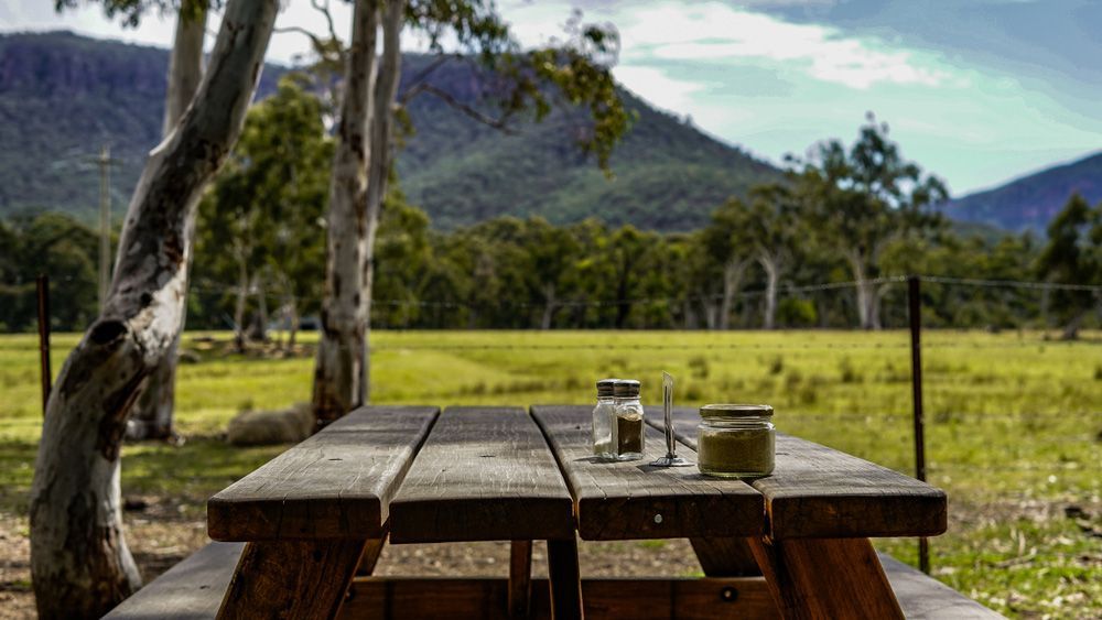 A Wooden Picnic Table With A View Of A Field And Mountains In The Background — Brown & Co Finance in Taroom, QLD