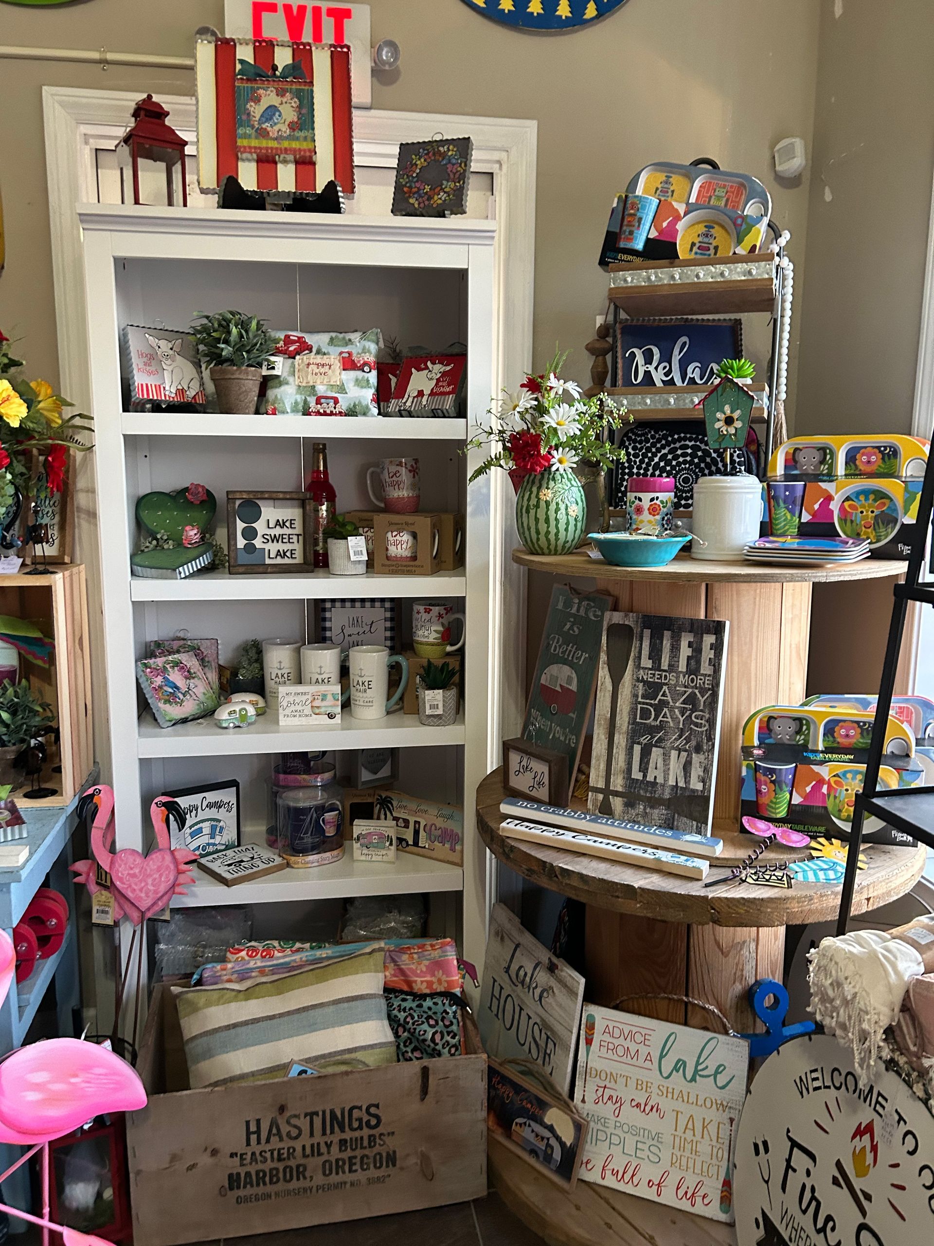 A store filled with lots of items and a sign that says exit.