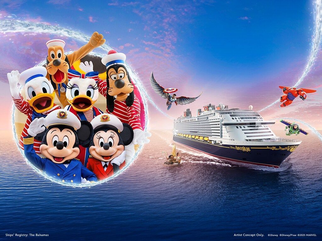 Mickey and friends on a ship, sailing under a blue sky. Animated characters in sailor attire.