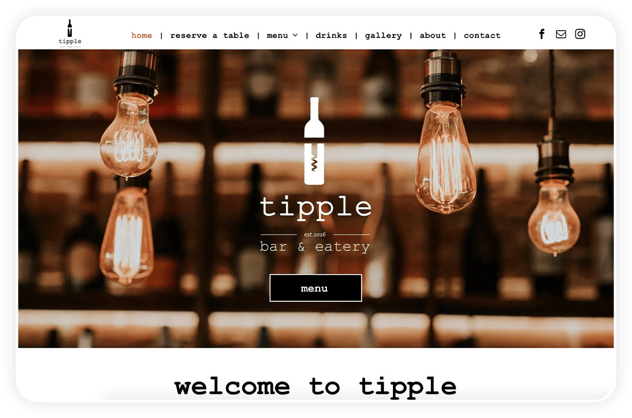A screenshot of the website for tipple bar & eatery.