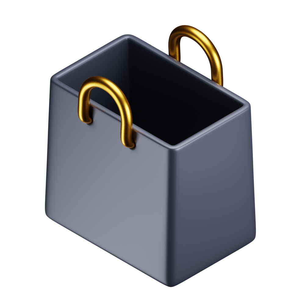 A black box with gold handles on a white background