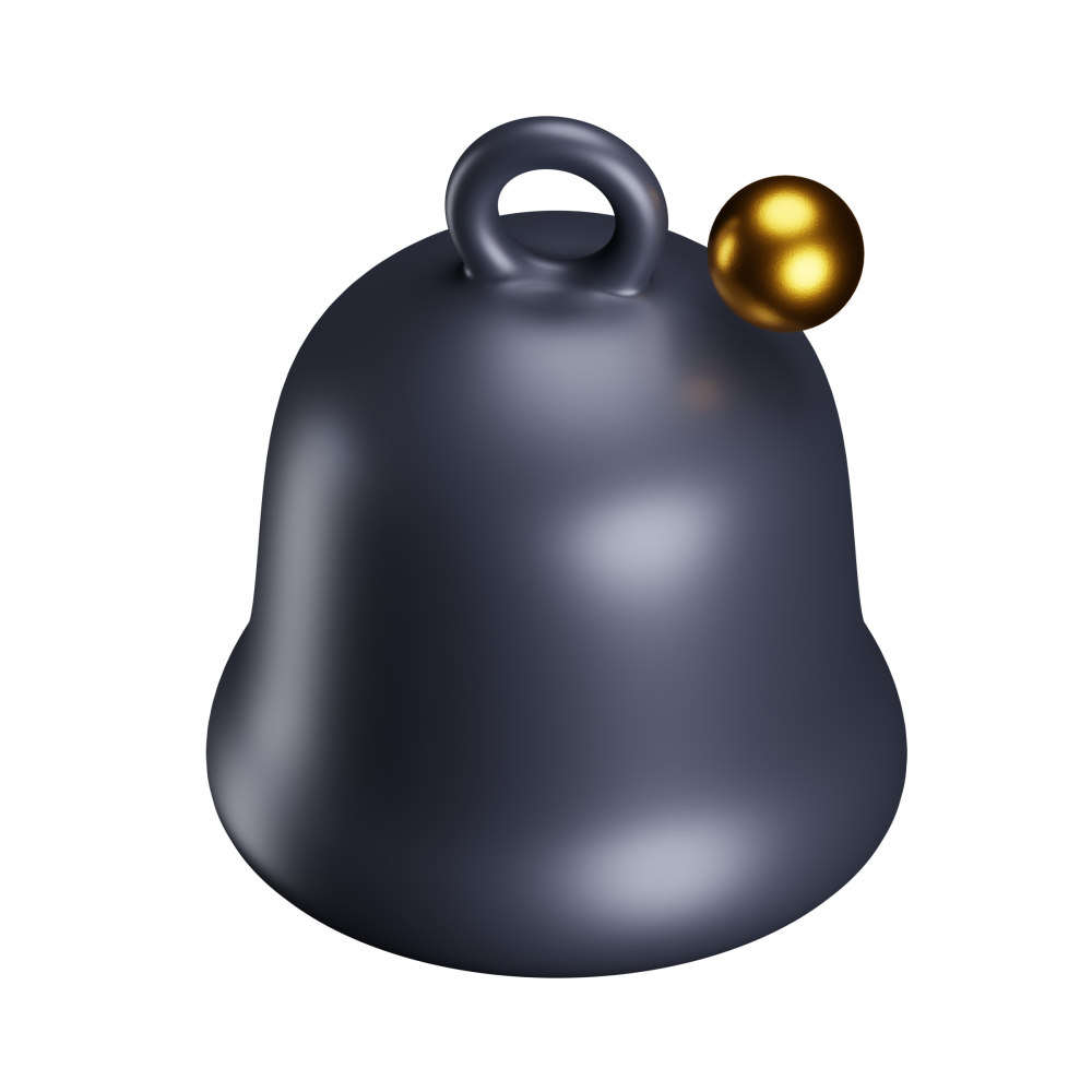 A black bell with a gold ball attached to it