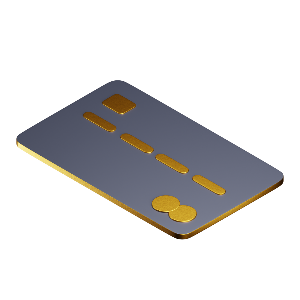 A 3d rendering of a credit card with gold accents on a white background.