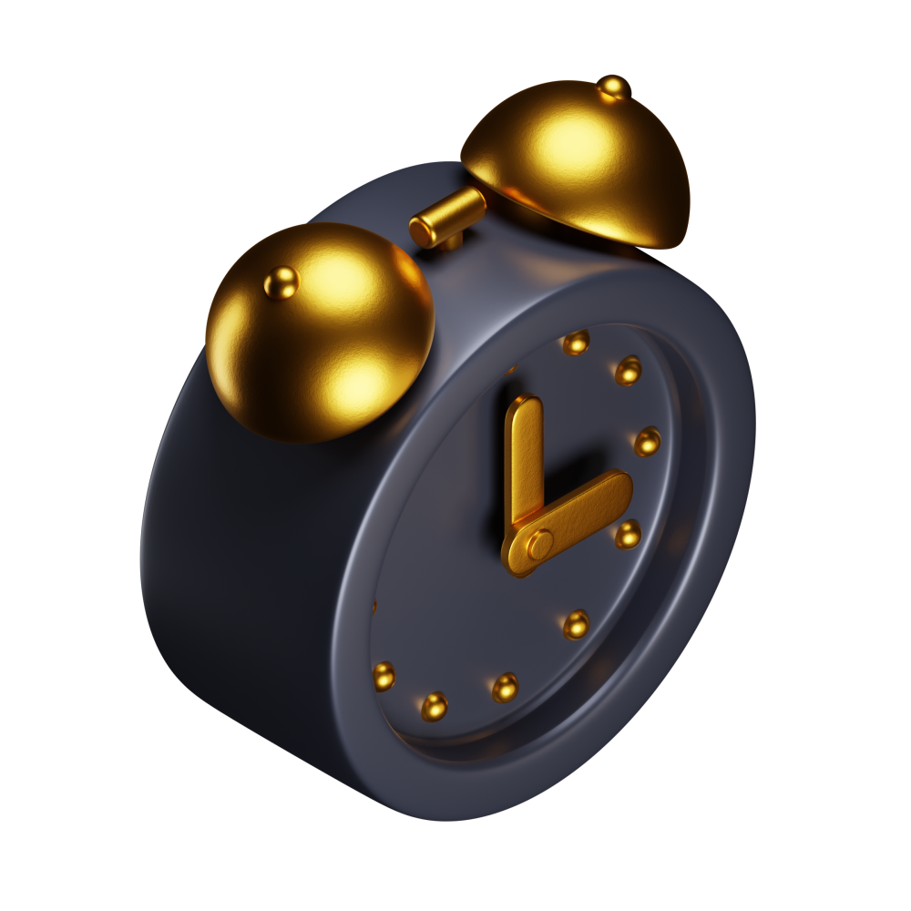 A black alarm clock with gold bells on a white background