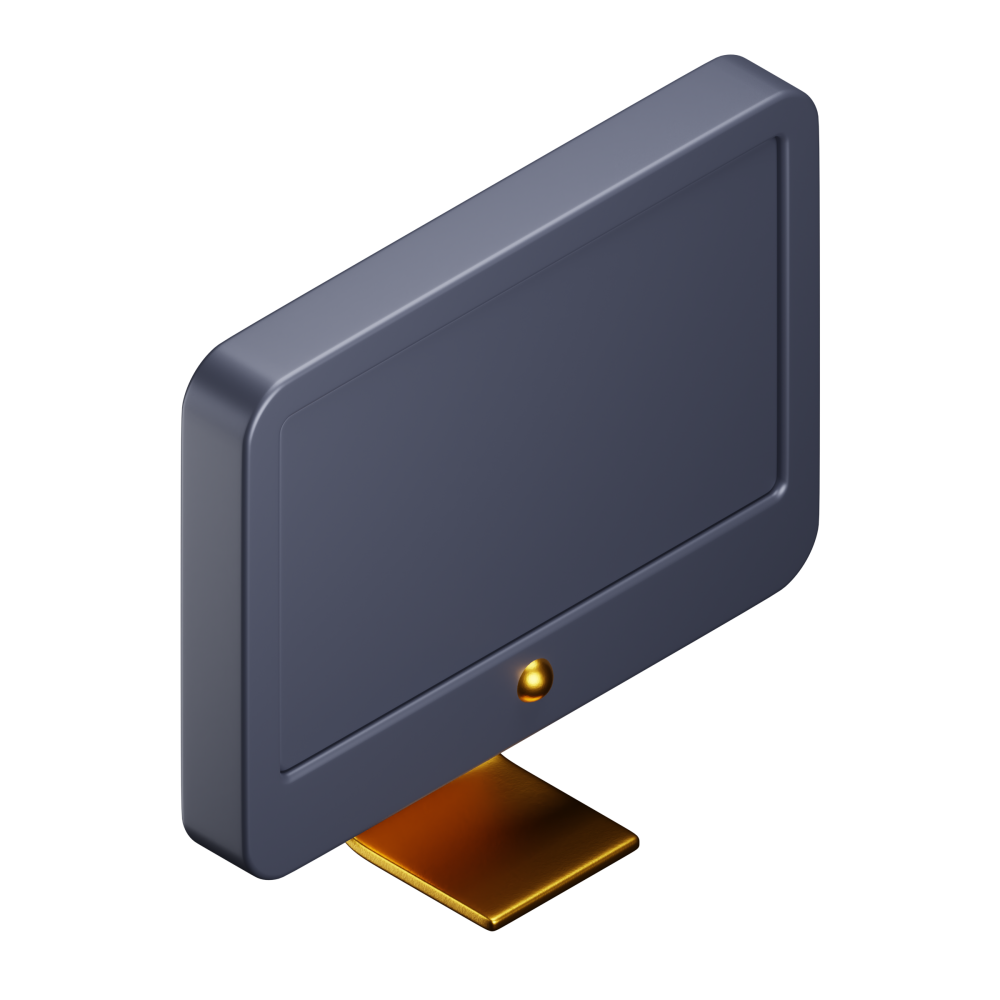 A computer monitor with a gold stand on a white background