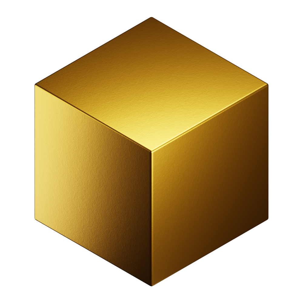 Gold cube, angled perspective, slightly textured, illuminated.