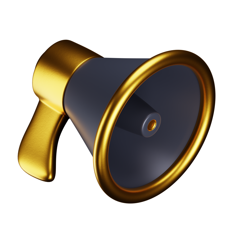 A black megaphone with a gold handle on a white background
