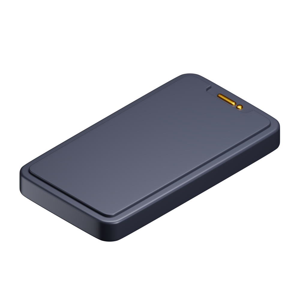 A black cell phone is sitting on a white surface.