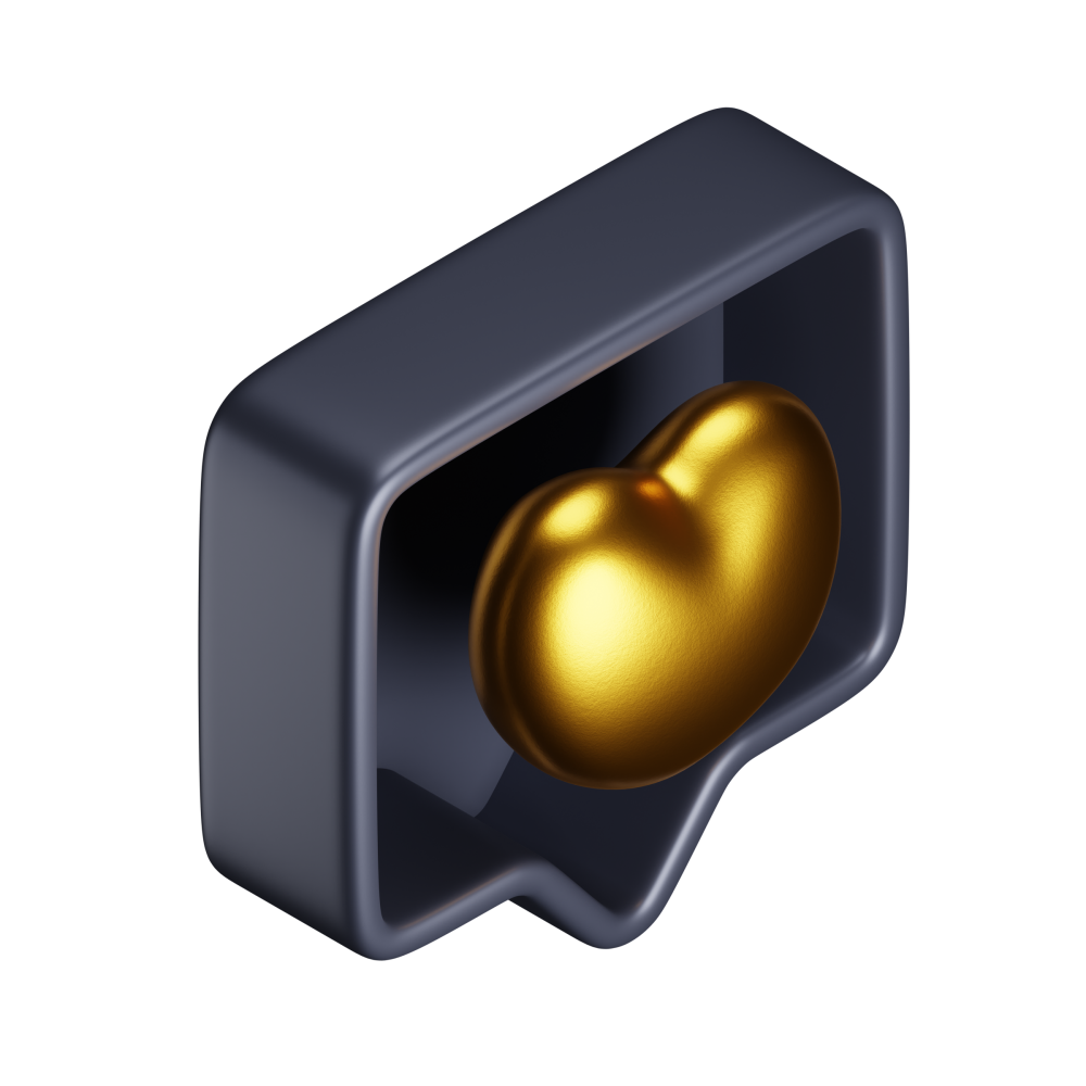 A black speech bubble with a gold heart inside of it