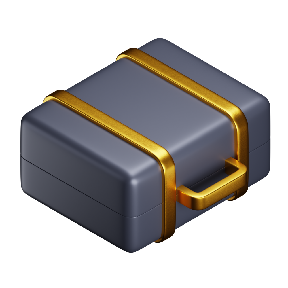 A grey suitcase with gold straps and handles