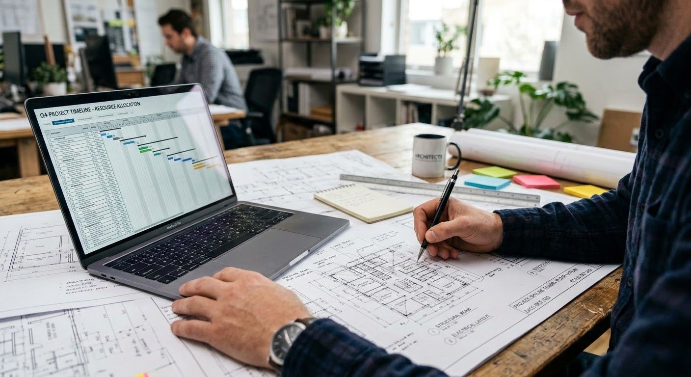 Una persona trabaja en un escritorio, consultando el cronograma de un proyecto en una computadora portátil mientras escribe en planos arquitectónicos.