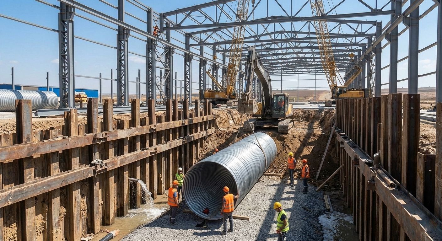 En un día soleado, unos obreros de la construcción instalan una tubería de grandes dimensiones en una zanja de excavación bajo una estructura de acero.