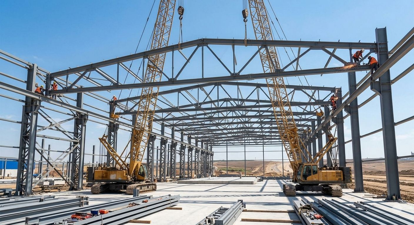 En un día soleado, dos grúas elevan una gran cercha de acero sobre la estructura de un edificio en construcción.