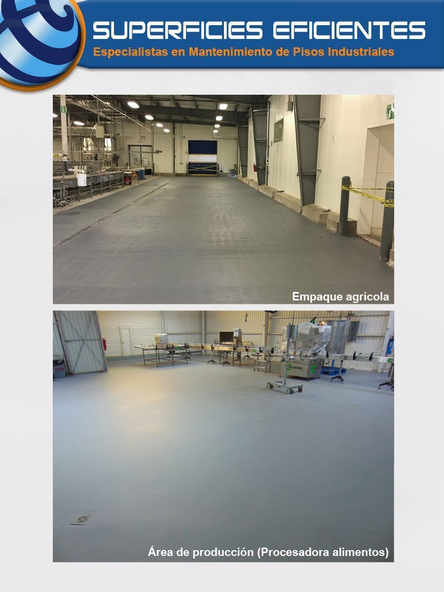 Folleto promocional de Superficies Eficientes que muestra pisos industriales en una planta de envasado agrícola y una instalación de procesamiento de alimentos.