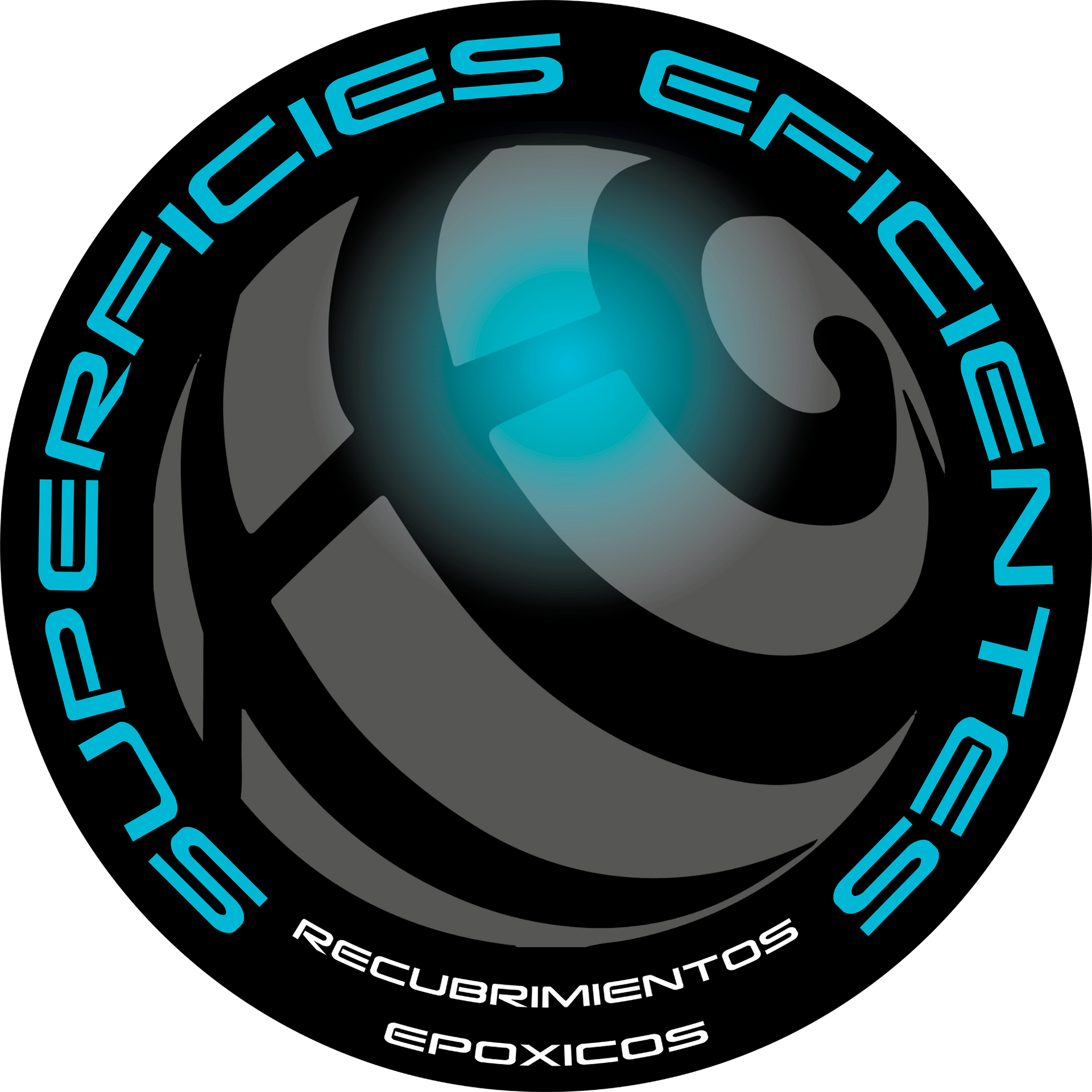 Logotipo circular con esfera abstracta negra y gris, texto cian