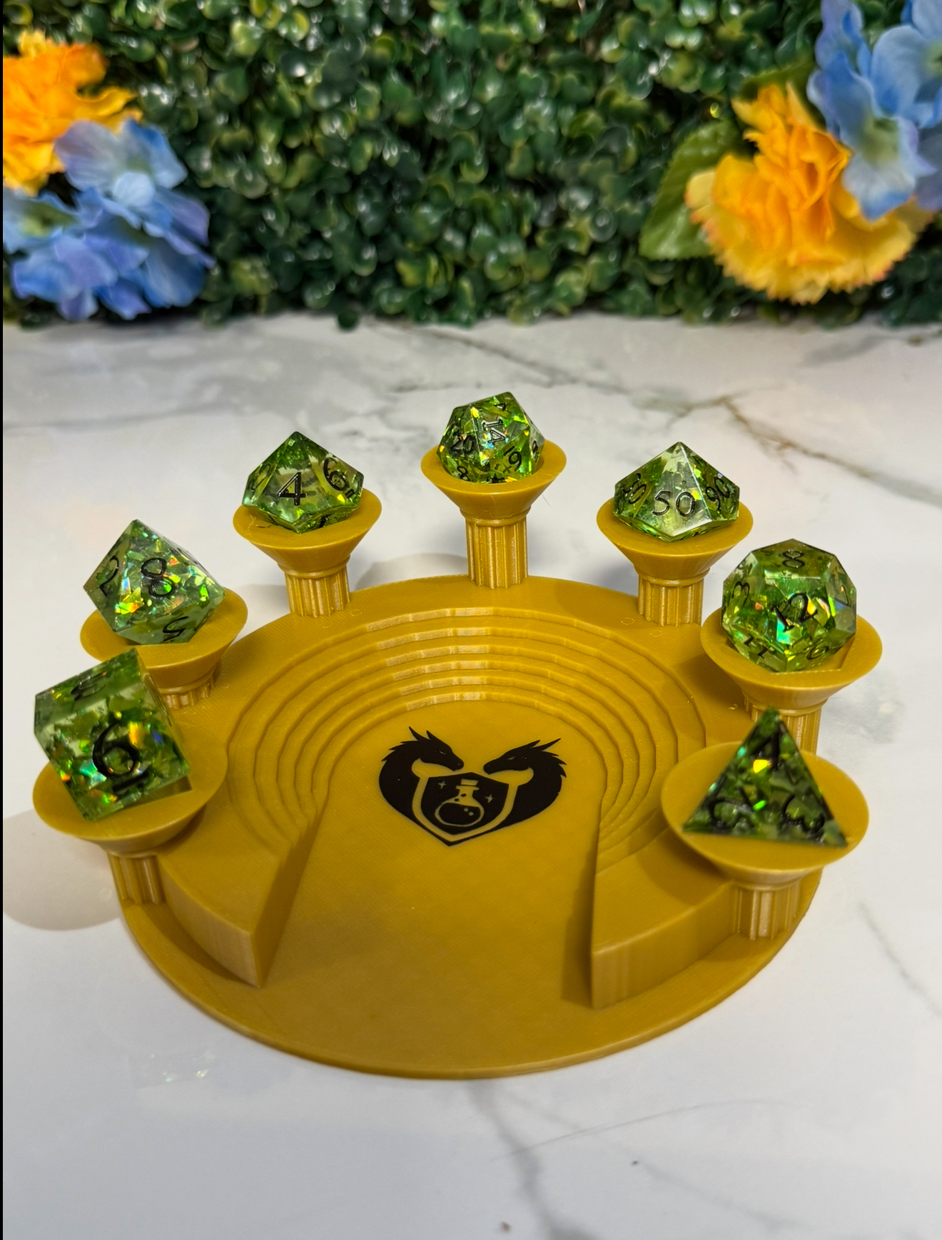 Hand Made Resin Dice - 7Pcs - Green w/ Black Ink - Defects