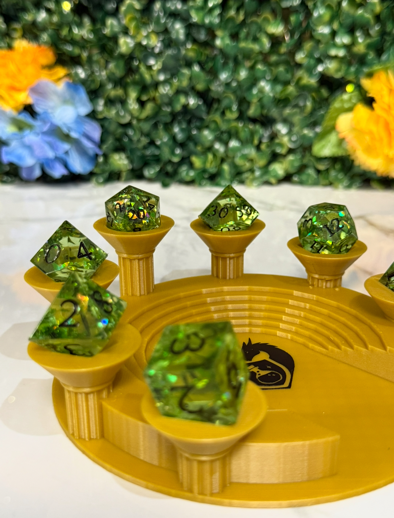 Hand Made Resin Dice - 7Pcs - Green w/ Black Ink - Defects