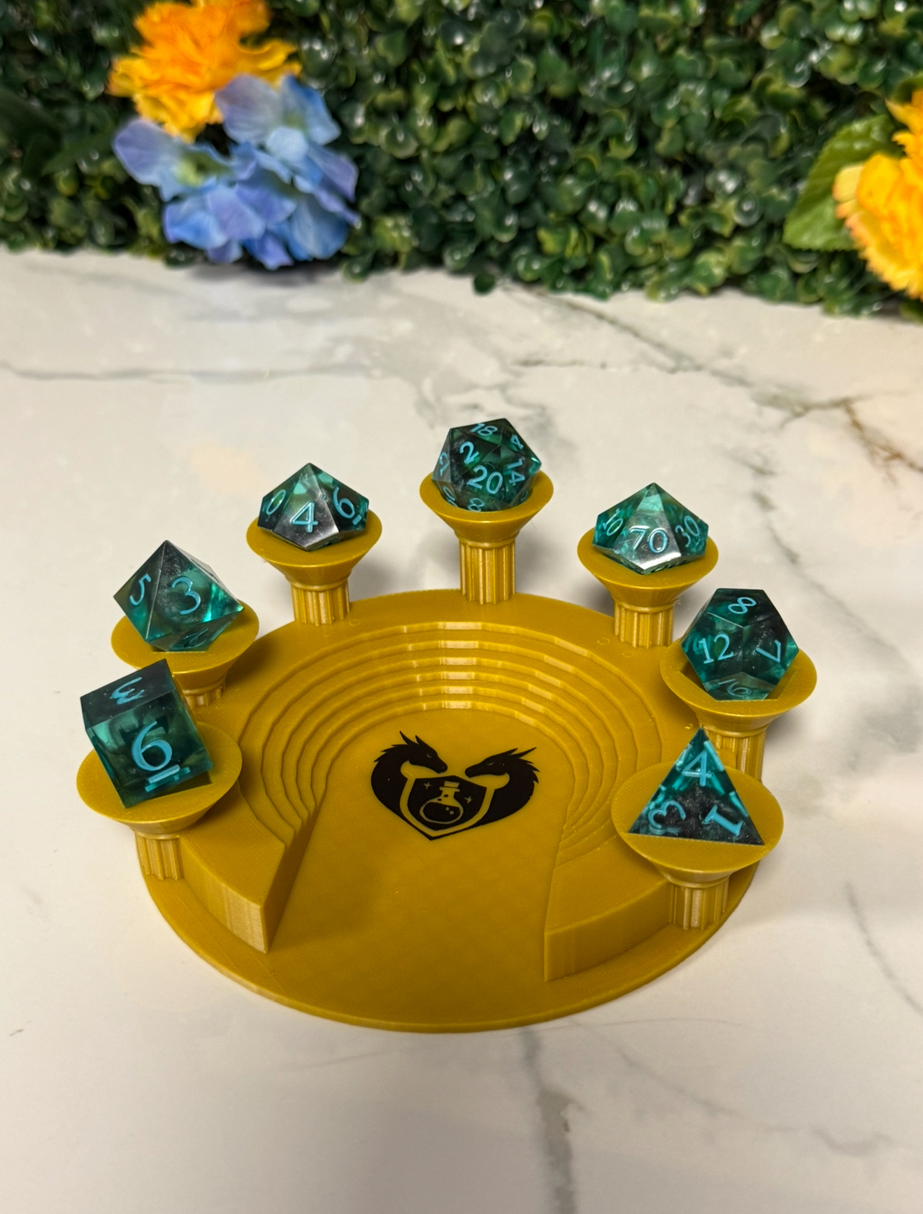 Hand Made Resin Dice - 7Pcs - Teal and Black **light