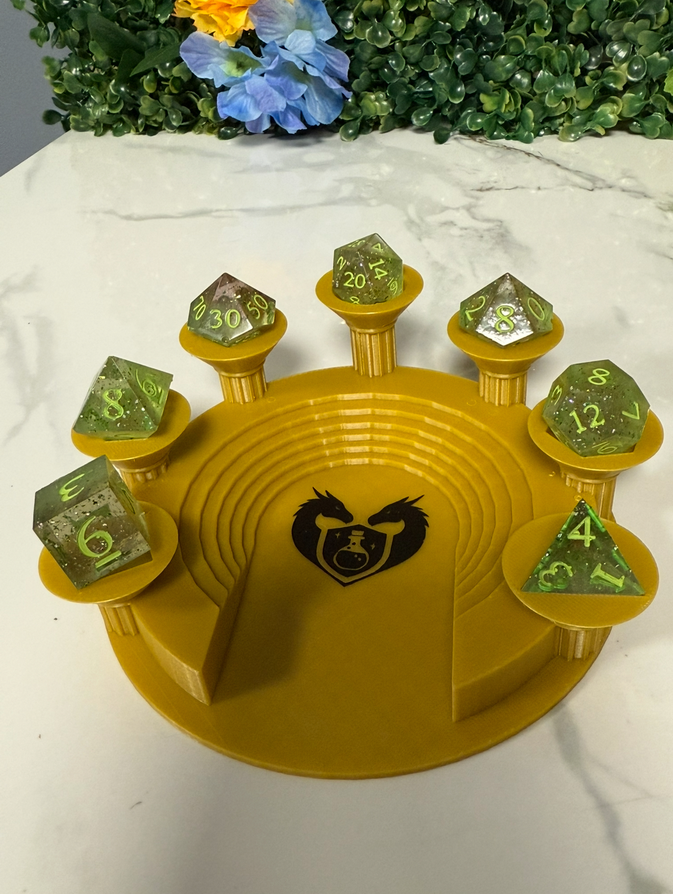 Hand Made Resin Dice - 7Pcs - Green & Black w/ Green Ink - Defects