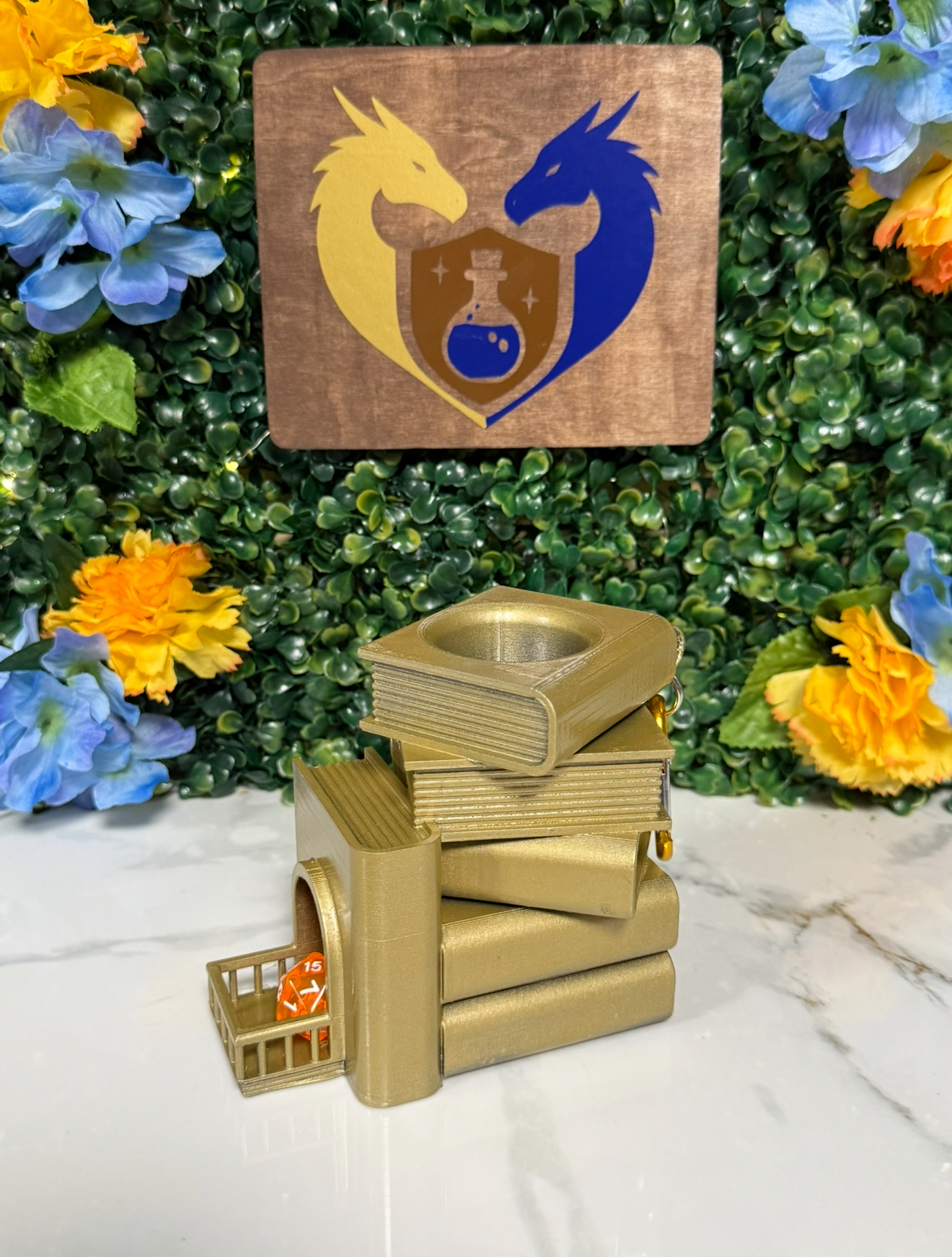 Book Stack Dice Tower Bag Hanger - PAINTED Gold - defect paint