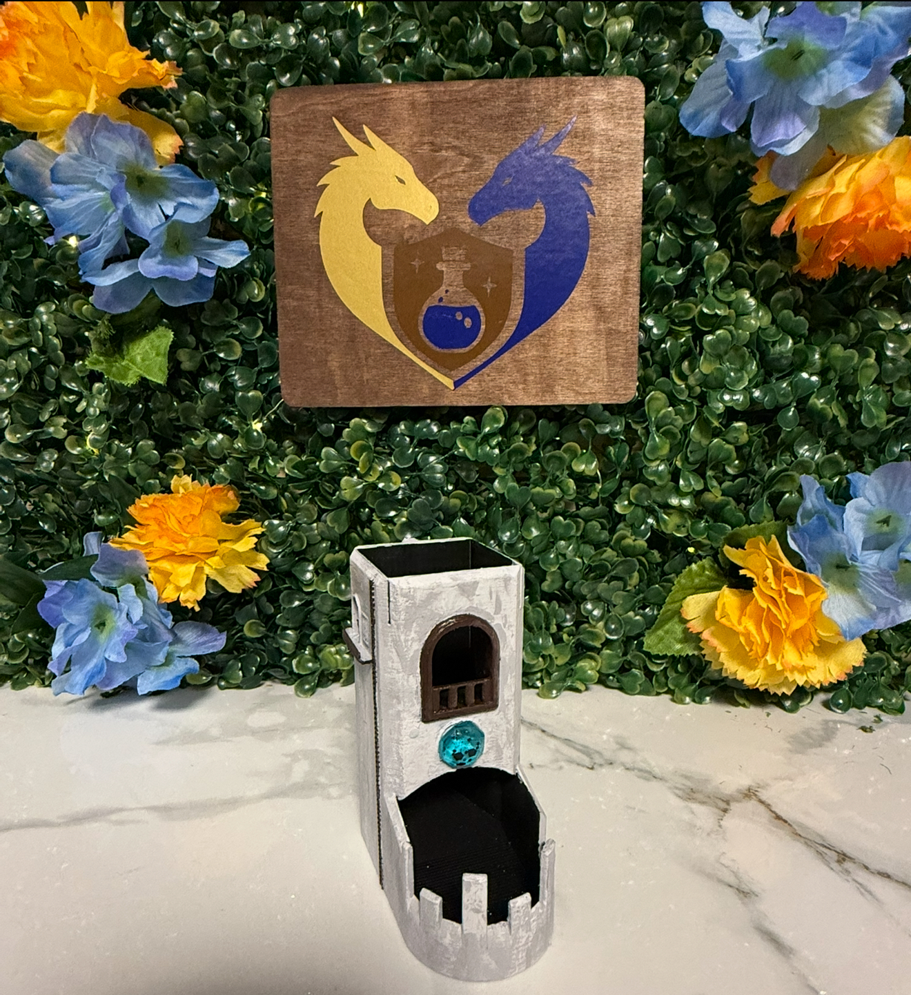 Gnome Tower Dice Tower Bag Hanger - PAINTED grey/brown/gold