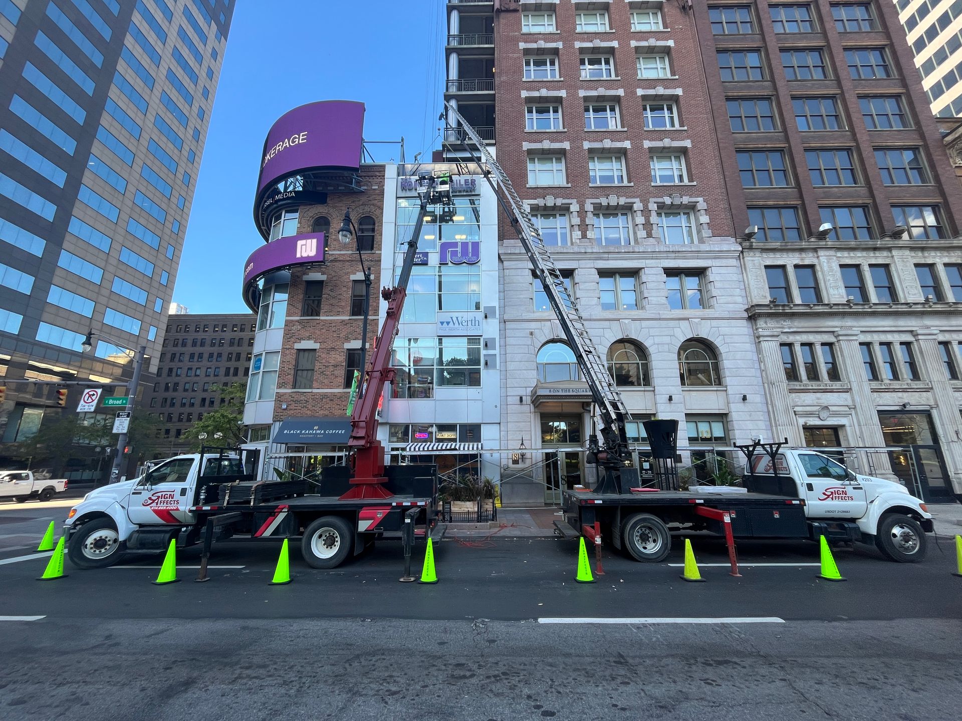 Mid Rise install of Channel Letters with Backer at Broad and High in the center  of Downtown Columbus Ohio