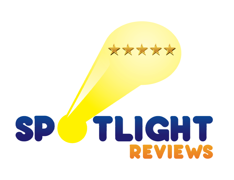 A logo for spotlight reviews with a yellow light coming out of it